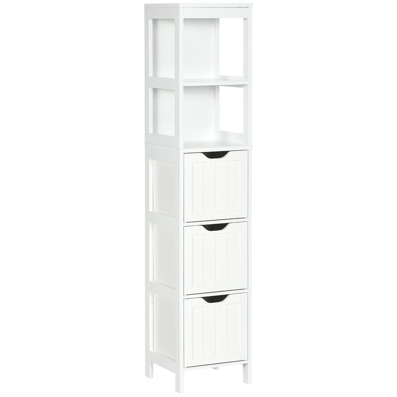 White Bathroom Tower: Slim Cabinet with 3 Drawers and 2-Tier Shelf
