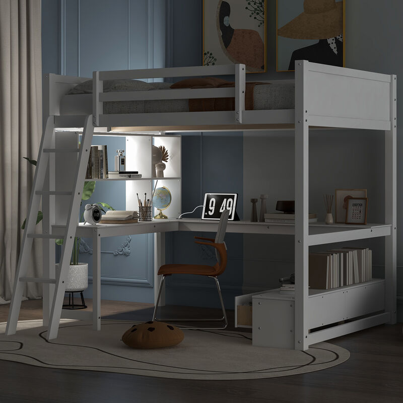 Merax Loft Bed with Desk, LED light and USB Charging Station