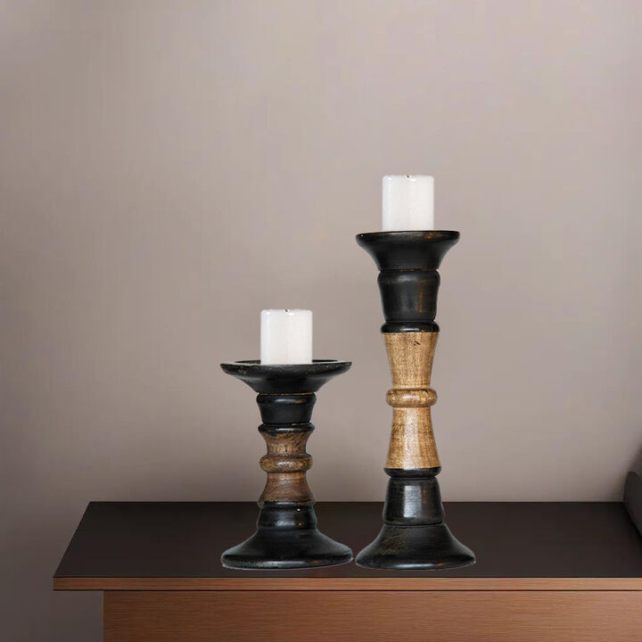 Traditional Dark Polish Eco-friendly Handmade Mango Wood Set Of Two 6" & 12" Pillar Candle Holder