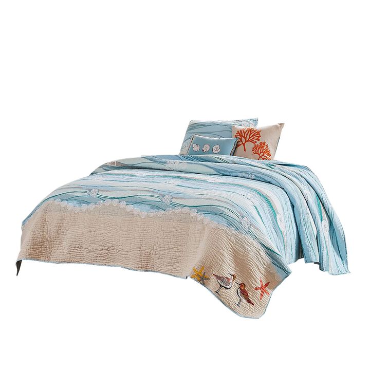 Maritsa Four Piece Twin Size Fabric Quilt Set with Coastal Prints, Blue - Benzara