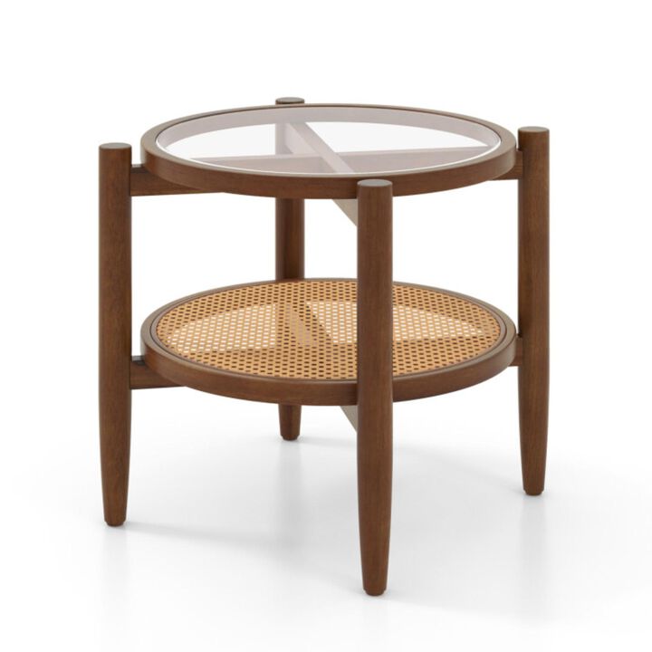 Hivvago Rattan Round Side End Table with Tempered Glass Tabletop