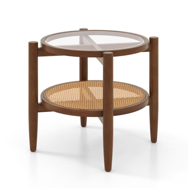 Hivvago Rattan Round Side End Table with Tempered Glass Tabletop
