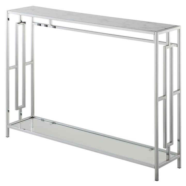 Convenience Concepts Town Square Chrome Console Table with Shelf White Faux Marble/Chrome