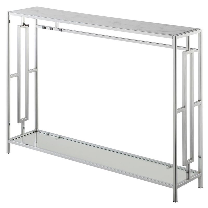 Convenience Concepts Town Square Chrome Console Table with Shelf White Faux Marble/Chrome