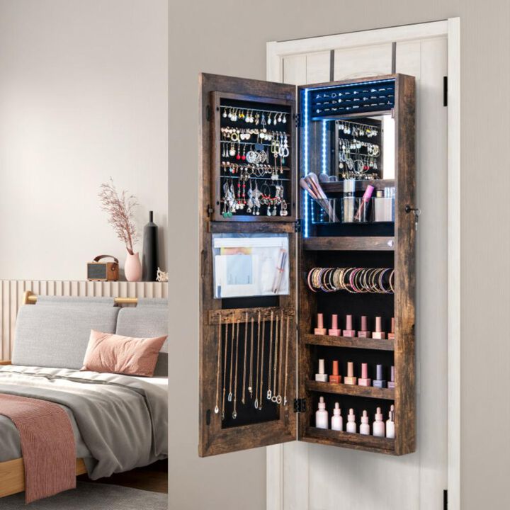 Hivvago 42.5 Inches Lockable Jewelry Mirror Wall Cabinet with 3-Color LED Lights-Rustic Brown