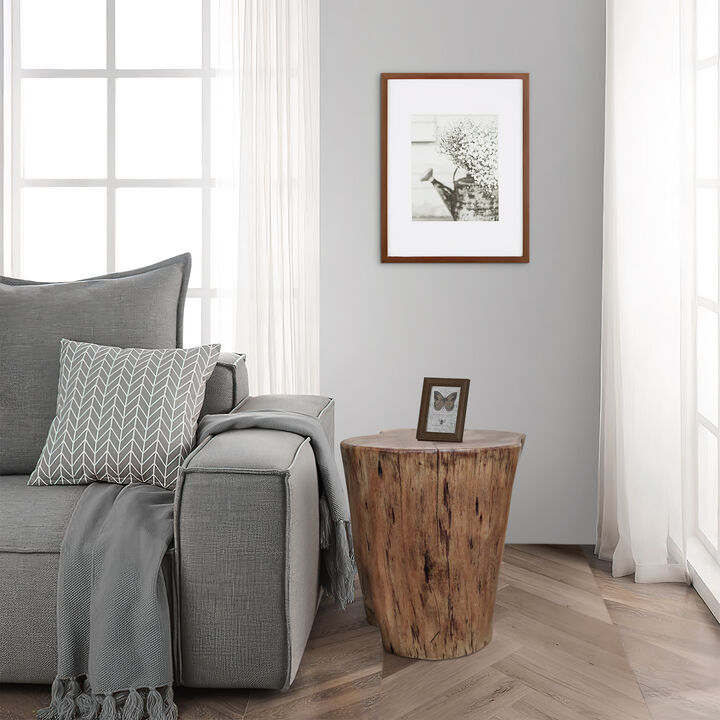 17 Inch Accent Stump Stool End Table, Live Edge Acacia Wood Log with Grain and Knot Details, Natural Brown-Benzara