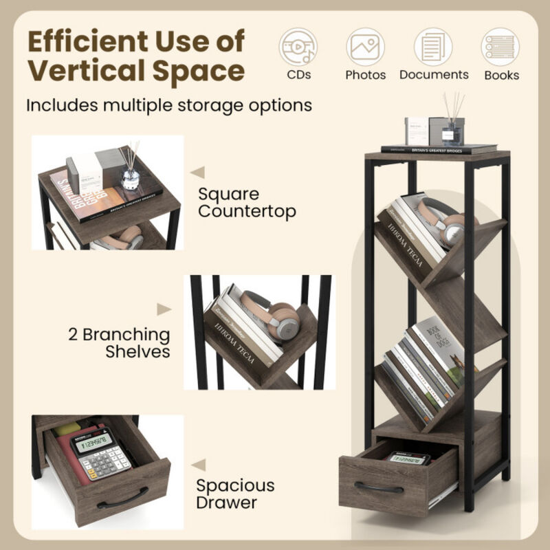 4 Tier Floor Tree Bookshelf with Drawer and Metal Frame