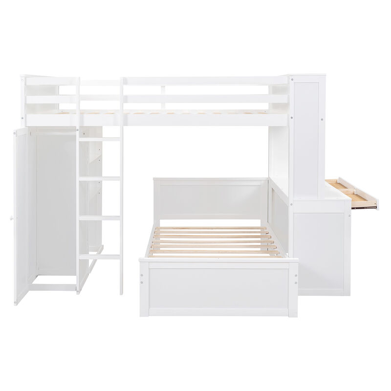 Merax Loft Bed with Storage Shelves and Wardrobe