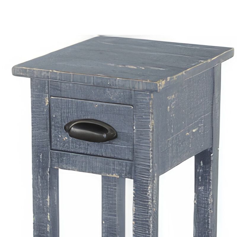 Rena Chairside Table with Drawer and Shelf, 14 Inch Blue Mahogany Wood - Benzara