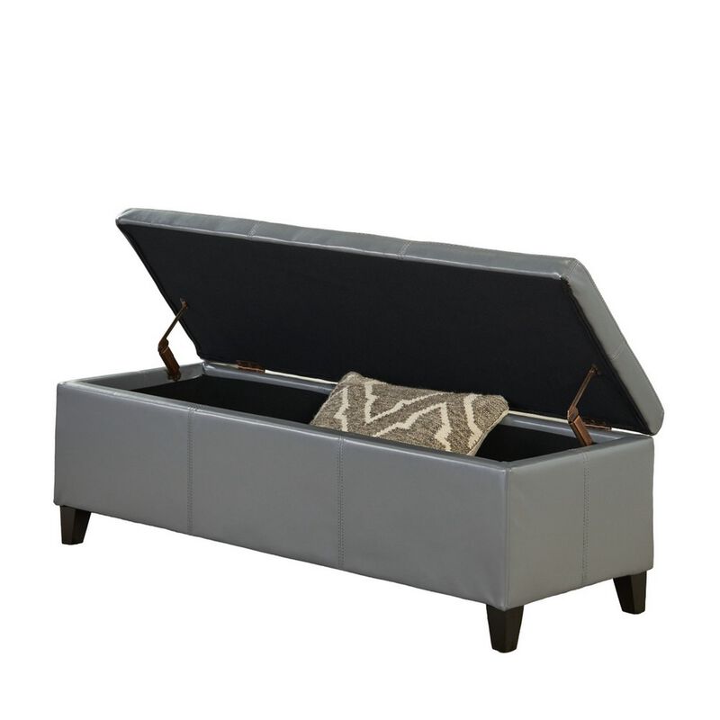 Elias Storage Ottoman Bench, Gray Faux Leather, Stitch Detail, 51 Inch -Benzara