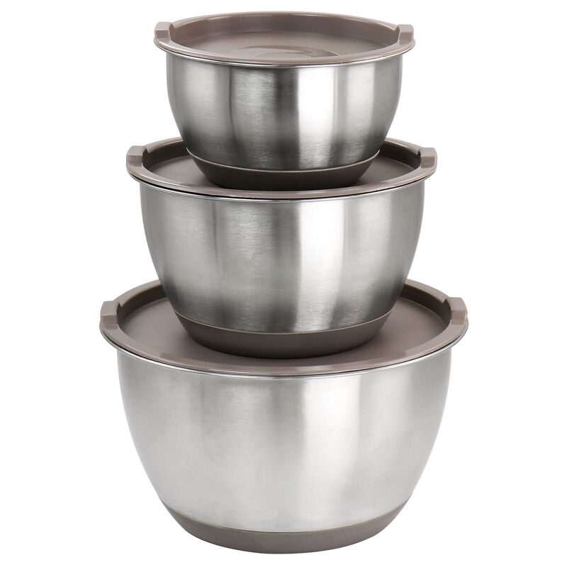 Martha Stewart 3 Piece Stainless Steel Mixing Bowl Set with Lids in Taupe