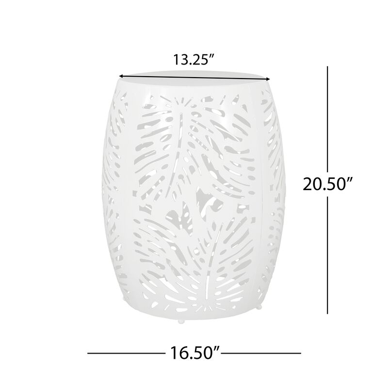Miami Outdoor End Table Stool, Palm Leaf Pattern, White Iron, 17 Inch - Benzara