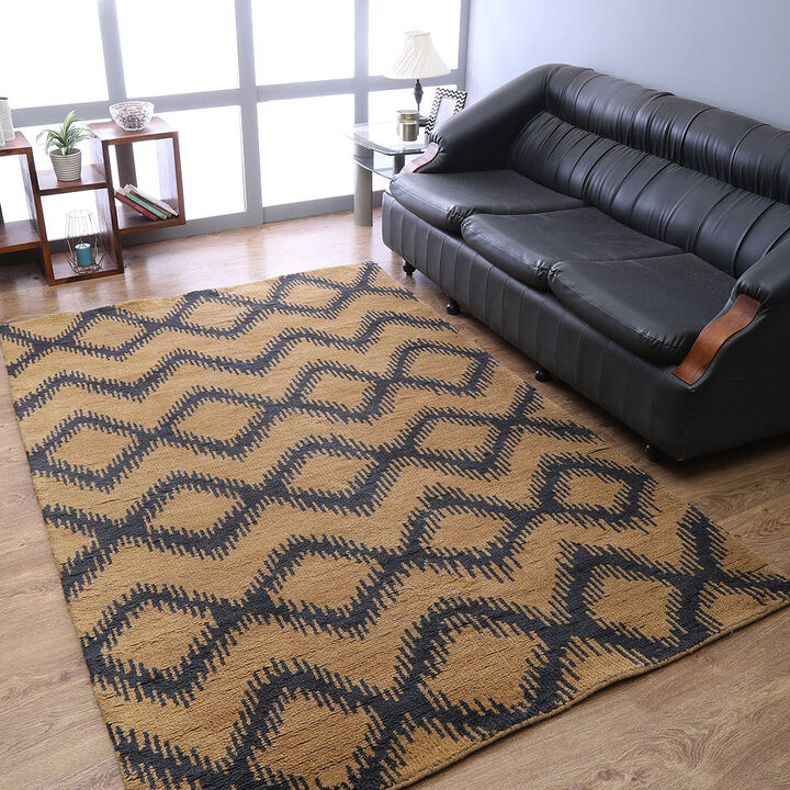HAND KNOTTED WOOL Geometric AREA RUGS  - 8'x10', Rectangle Shape, Gold Charcoal Color, Geometric Modern, Medium Pile Handmade Area Rugs for Living Room, Bed Room (N00165)
