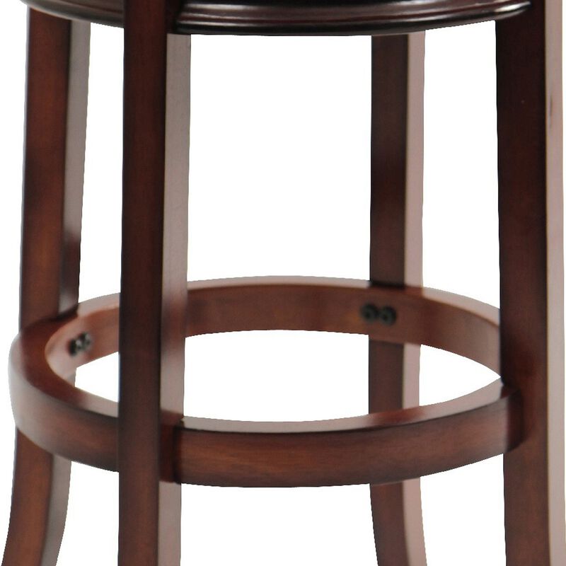 Sabi 29 inch Swivel Counter Stool, Solid Wood, Faux Leather, Brown, Black-Benzara