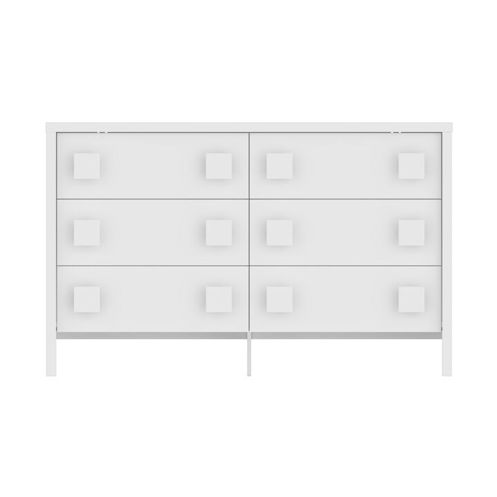 63" Double Dresser with 6 Large Drawers & Square Handles, Chest of Drawers with Slide Rails, Modern Wooden Storage Tower for Bedroom Living Room, White