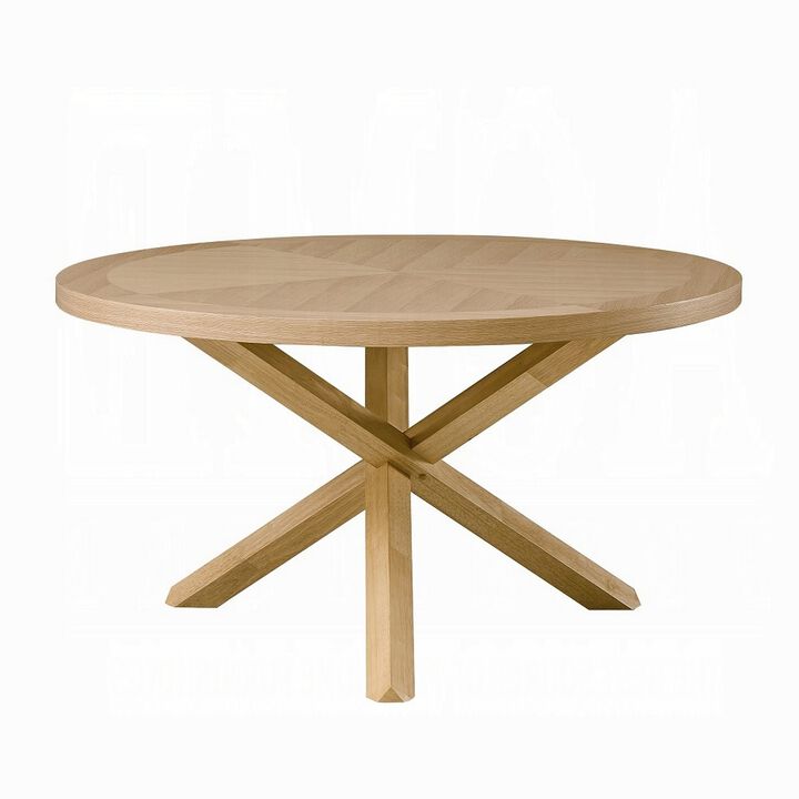 Semi Dining Table, 54 Inch Round Top, Cross Base, Oak Brown Finish - Benzara