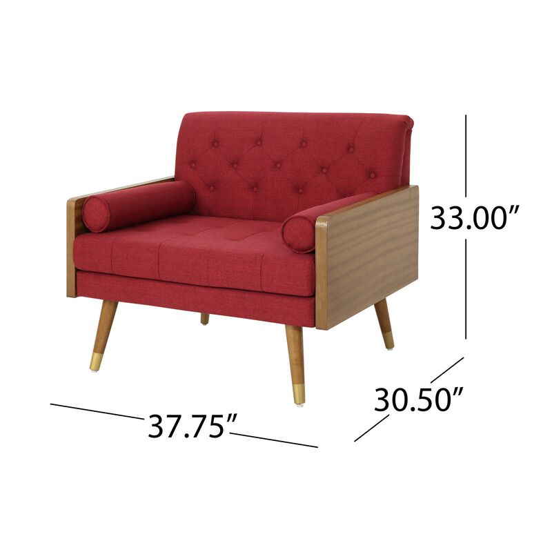 Lita Wide Accent Club Chair, Button Tufted, Red Fabric, Brown Frame - Benzara