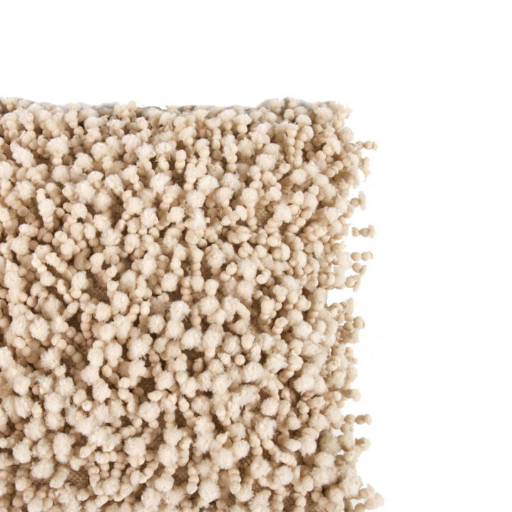 Fabric Accent Pillow with Shaggy Details, Cream-Benzara