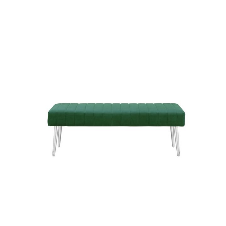 Lida 45 Inch Bench, Modern Tufted Lines, Green Soft Velvet, Chrome Metal - Benzara
