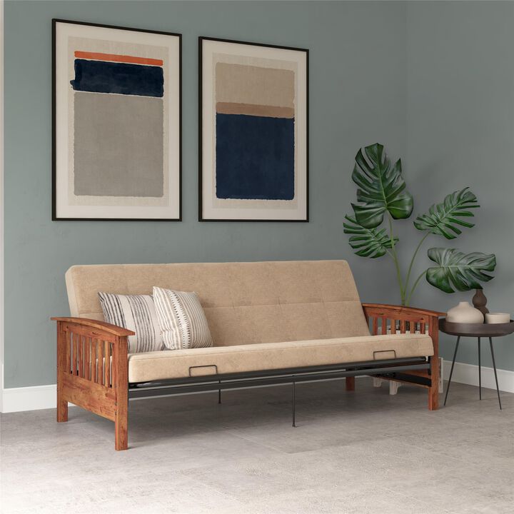 Mili Walnut Wood Arm Metal Futon Frame with 6-Inch Mattress
