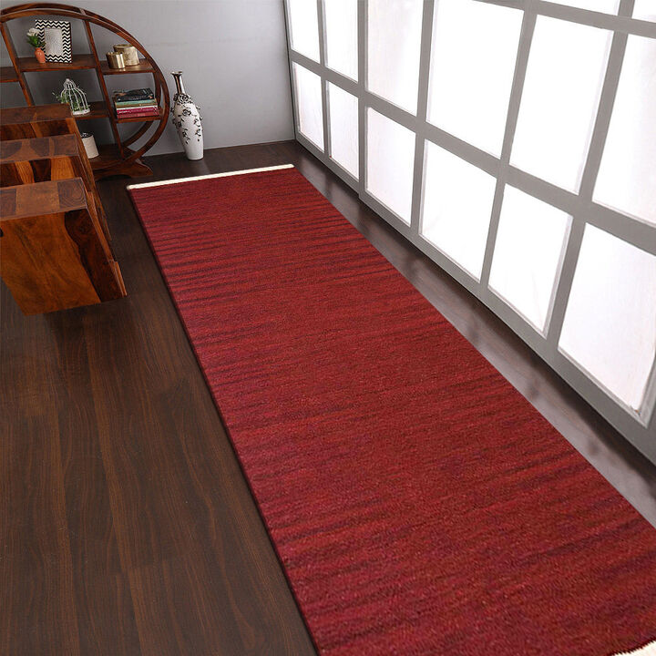 RUGSOTIC CARPETS HAND WOVEN FLAT WEAVE KILIM WOOL ECO-FRIENDLY AREA RUGS  - 3'x13', Runner Shape, Burgundy Color, Solid Plain Design, Low Pile  Handmade Rugs for Living Room, Bed Room (D00111)