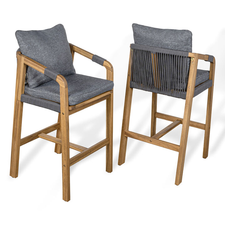 Porto Modern Coastal Tub Roped Acacia Wood Outdoor Bar Stool with Cushions and Armrests