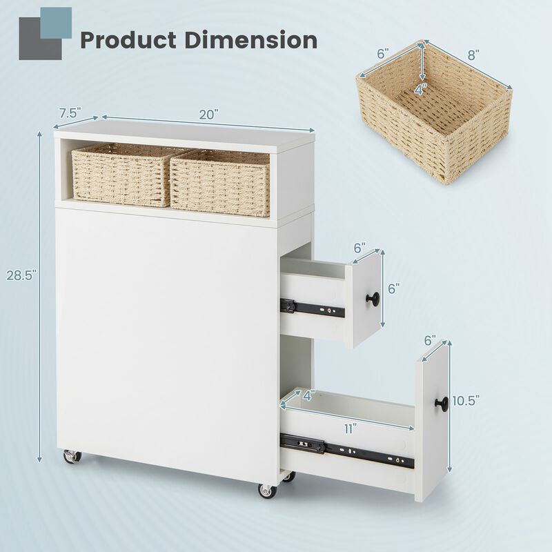 Costway Movable Bathroom Storage Cabinet Narrow Toilet Side Paper Holder w/ 2 Drawers