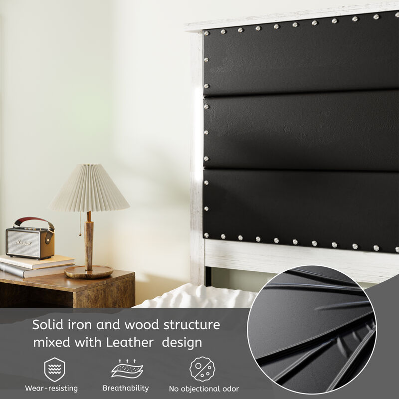 Size Bed Frame with Upholstered Headboard, Bed Frame with Charging Station and LED Lights, Wood Slats, Dark Gray Faux Leather & Rivets, No Box Spring Needed, Easy Assembly
