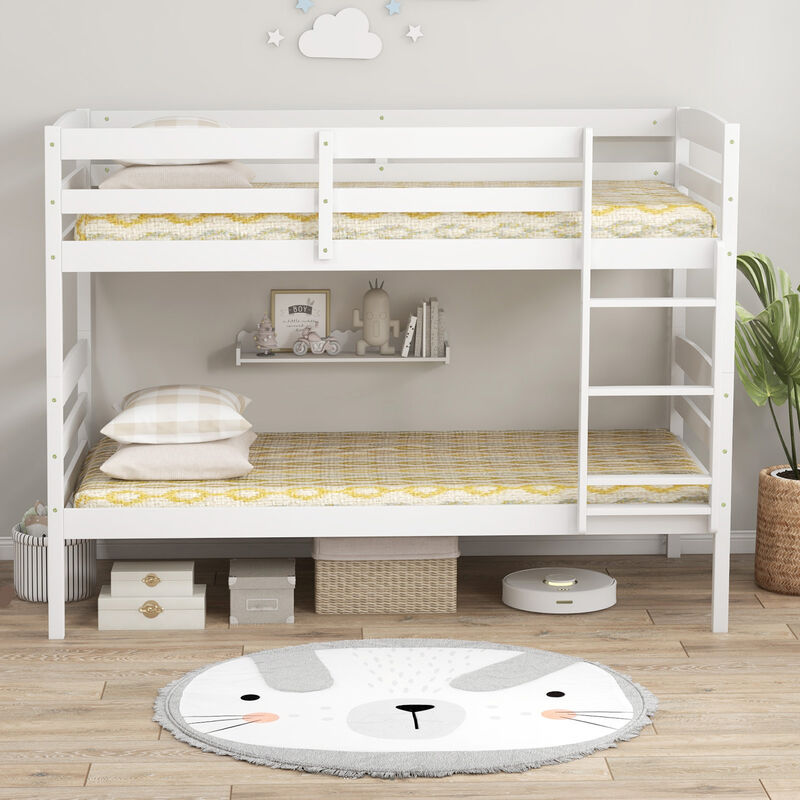 Solid Wood Twin Over Twin Bunk Bed Frame with High Guardrails and Integrated Ladder