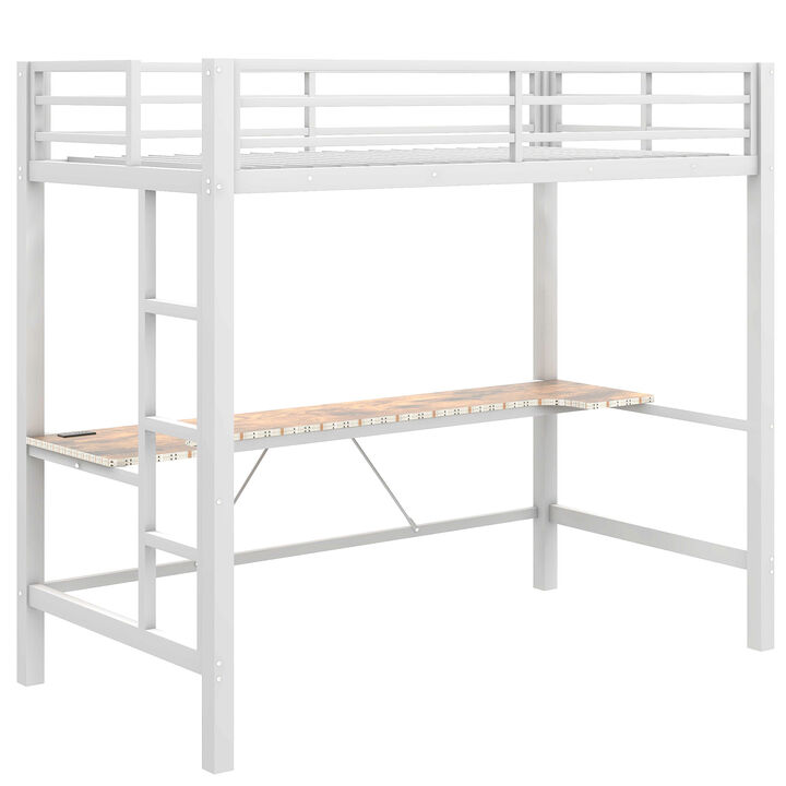 Merax Gaming Metal Loft Bed Frame with LED Light and Desk