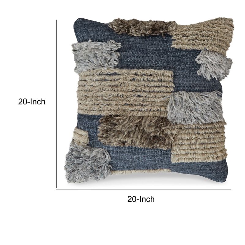 Throw Pillow Set of 4, 20 Inch, Cotton, Knotted Stripes, Patchwork, Blue -