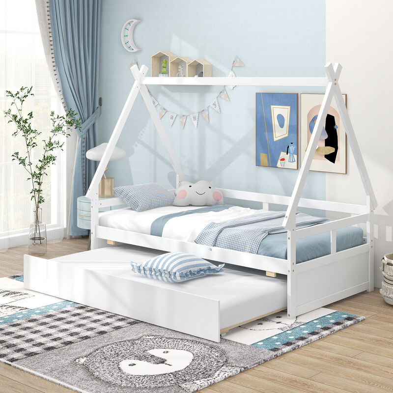 House Bed with Trundle and Safety Guardrail