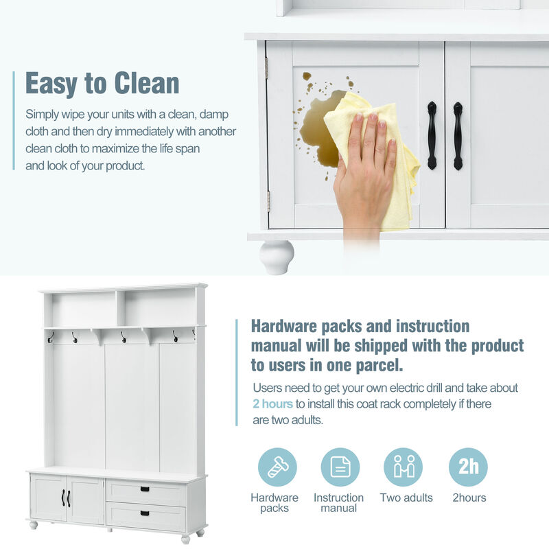 Modern Hall Tree with Storage Cabinet and 2 Large Drawers, Mudroom Bench with 5 Coat Hooks