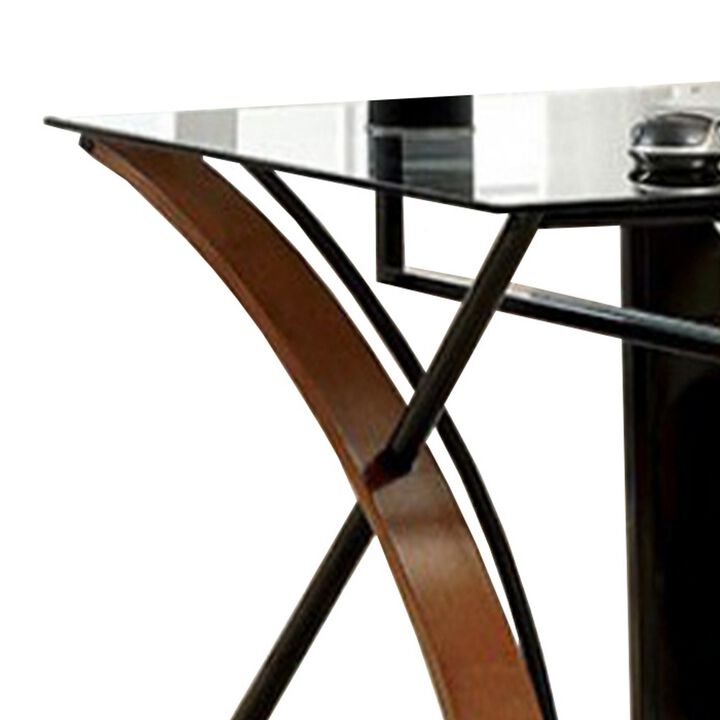 Glass Top Computer Desk with Z Shaped Metal Legs, Brown and Black - Benzara