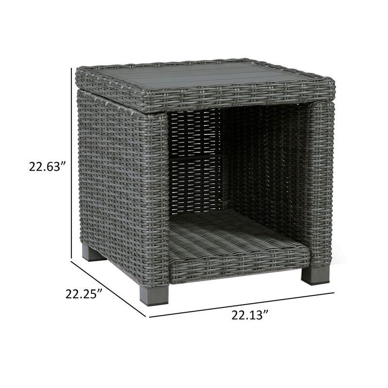 Ellie 23 Inch Outdoor End Table, Lower Shelf, Gray Resin Wicker, Metal - Benzara
