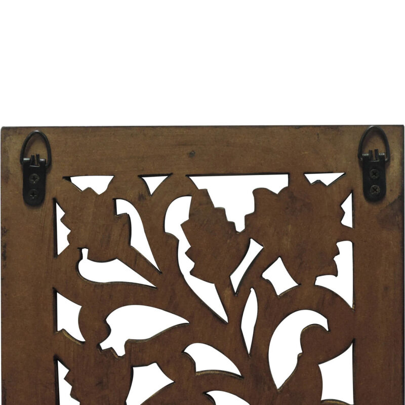 Mango Wood Wall Panel Hand Crafted with Leaves and Scroll Work Motif, Brown-Benzara