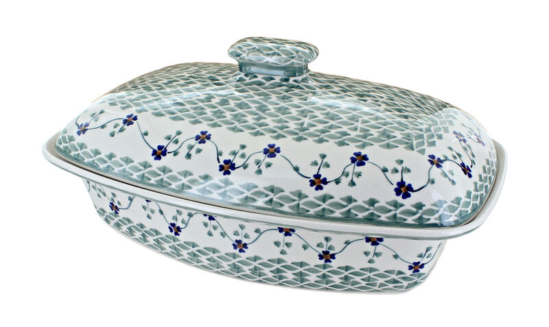 Blue Rose Polish Pottery Sage Floral Covered Baker