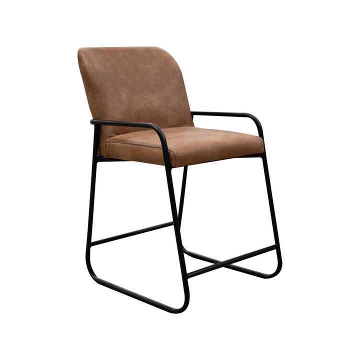 Suze Counter Height Chair, Arched Back, Black, Cognac Brown Faux Leather - Benzara