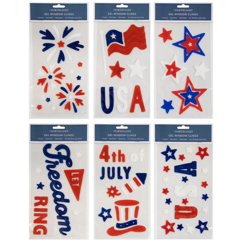 Set of 6 Double Sided Patriotic Celebration Gel Window Clings