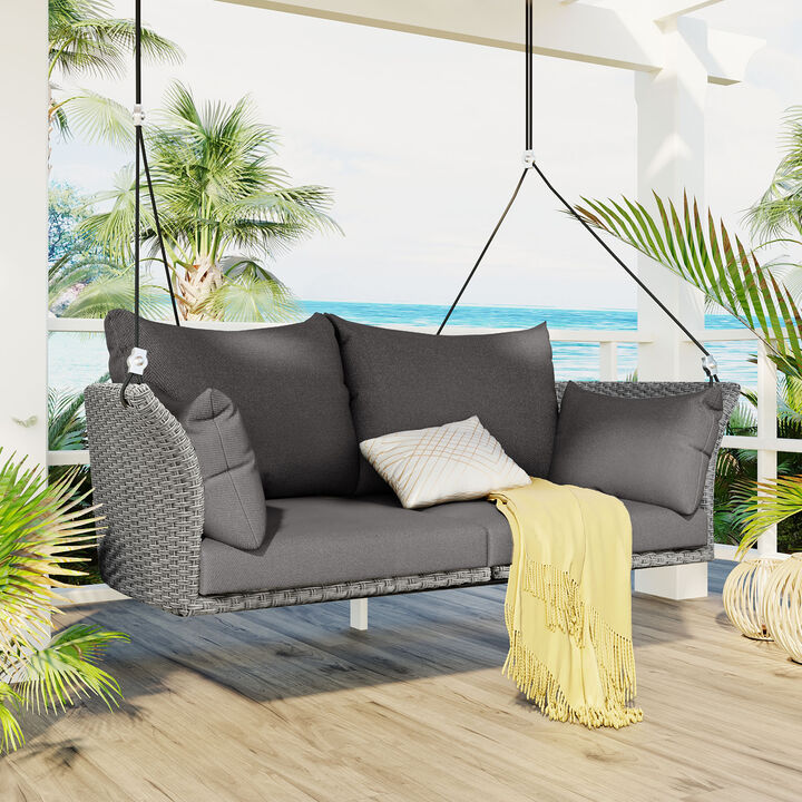 Whisen Rattan Woven Swing Chair, Porch Swing With Ropes, Black Wicker And White Cushion - Gray