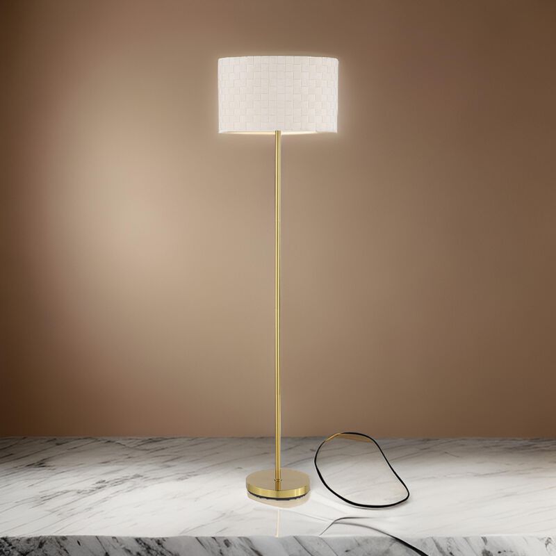 Nek 66 Inch Floor Lamp, Basketweave Drum Shade, Ivory Fabric, Gold Metal - Benzara