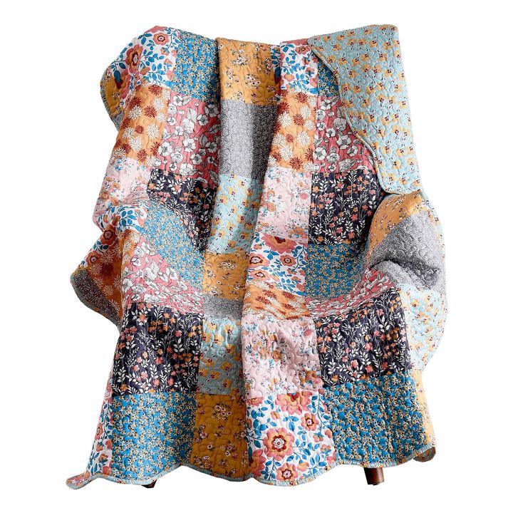 Turin 60 Inch Throw Blanket, Microfiber, Patchwork Floral Print, Multicolor-Benzara