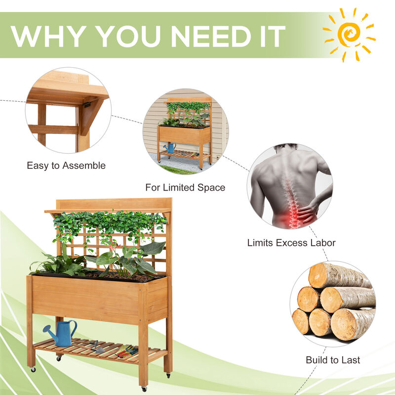 Outdoor Wooden Elevated Growing Plant Bed w/ Shelves for Tool Storage & Wheels