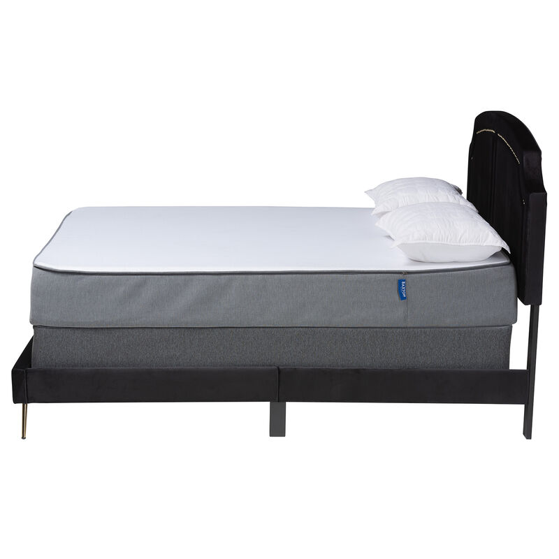 Baxton Studio Oxley Traditional Black Velvet and Gold Metal Queen Size Panel Bed
