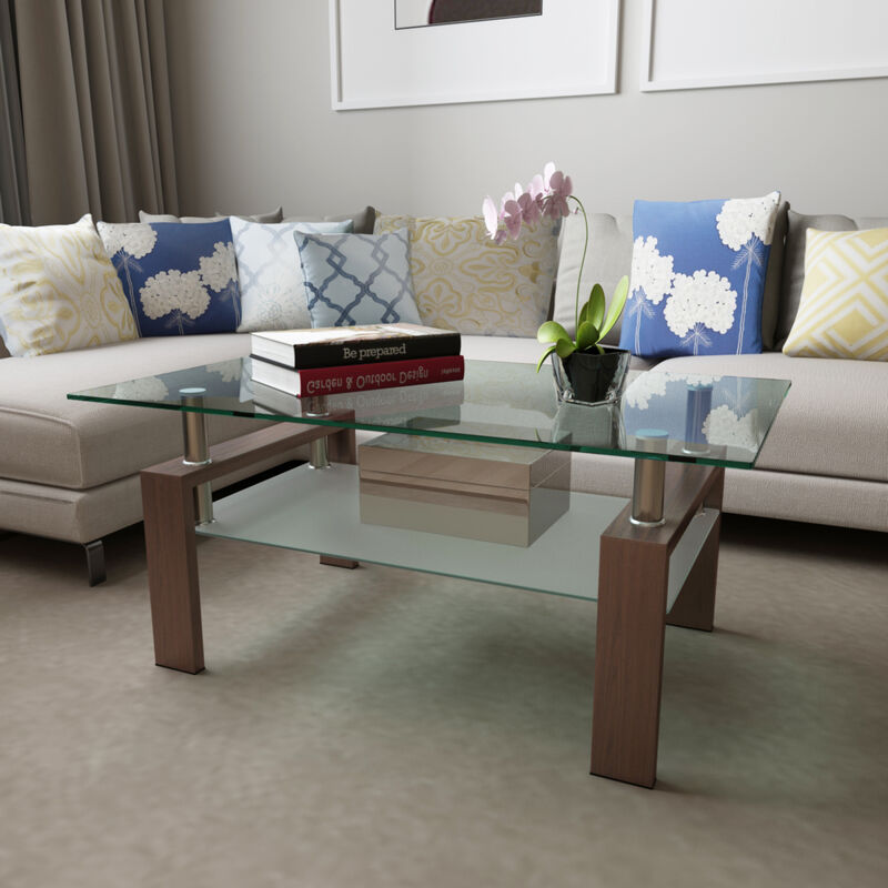 Rectangle Walnut Glass Coffee Table, Clear Coffee Table, Modern Side Center Tables