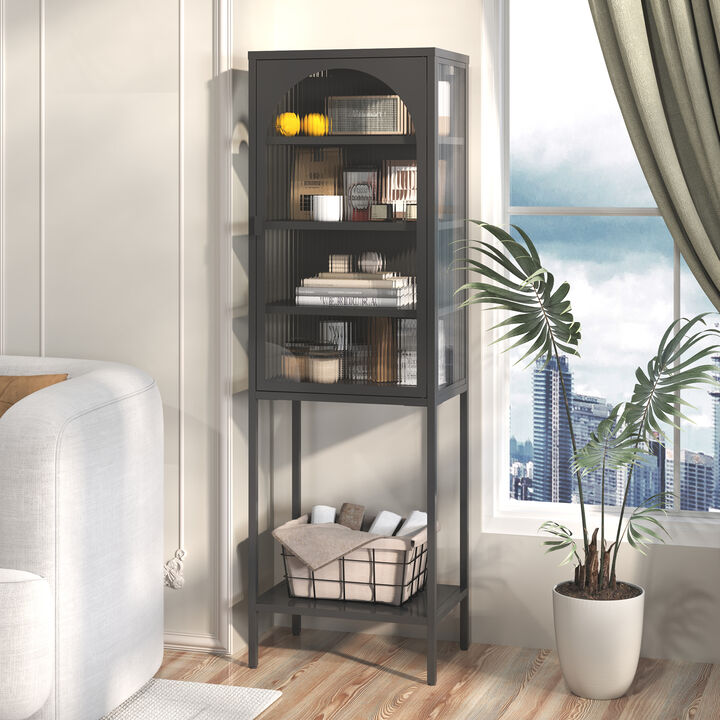 Metal Glass Door Display Storage Cabinet - 5-Tier Cube Bookshelf Storage Cabinet with 3 Adjustable Shelves For kitchen, dining room, living room, bathroom, home office