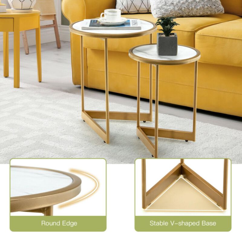 Hivvago Round Nesting Table Set of 2 with Marble-like Tabletop-White