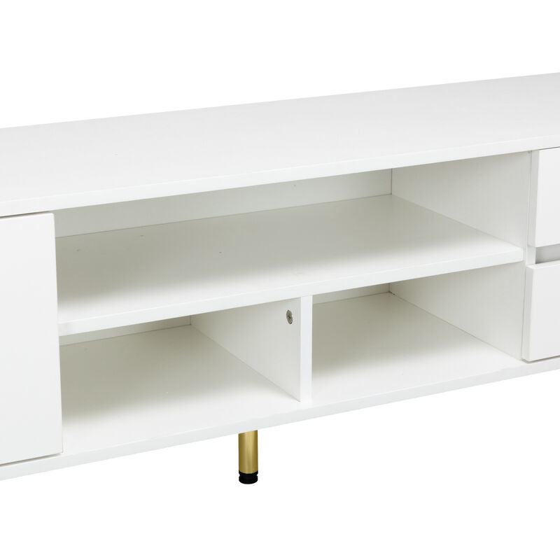 White TV stand with LED lights and gold legs