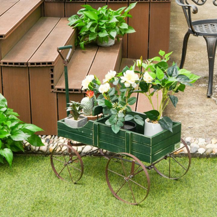 Hivvago Wooden Wagon Plant Bed with Metal Wheels for Garden Yard Patio
