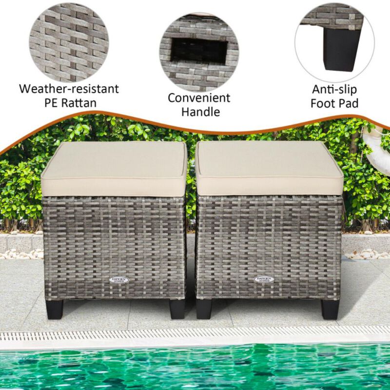 Hivvago 2PCS Patio Rattan Wicker Ottoman Seat with Removable Cushions-Turquoise